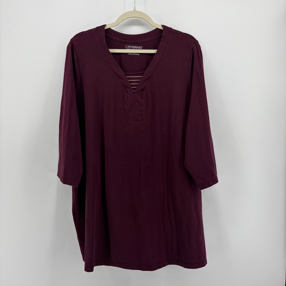 Catherines Womens 1X Burgundy Tunic Top Suprema Notched V-Neck 3/4 Sleeve